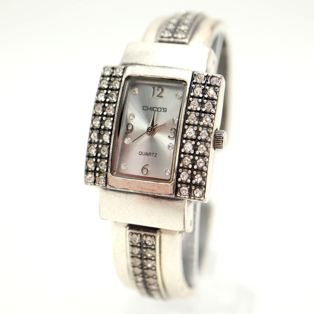 Chico's Silver Tone 24mm Square Jewel Cuff Womens Watch Metal w New Battery